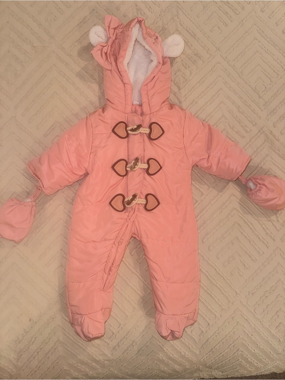 Pink Hooded Baby One-Piece Snowsuit with Mittens